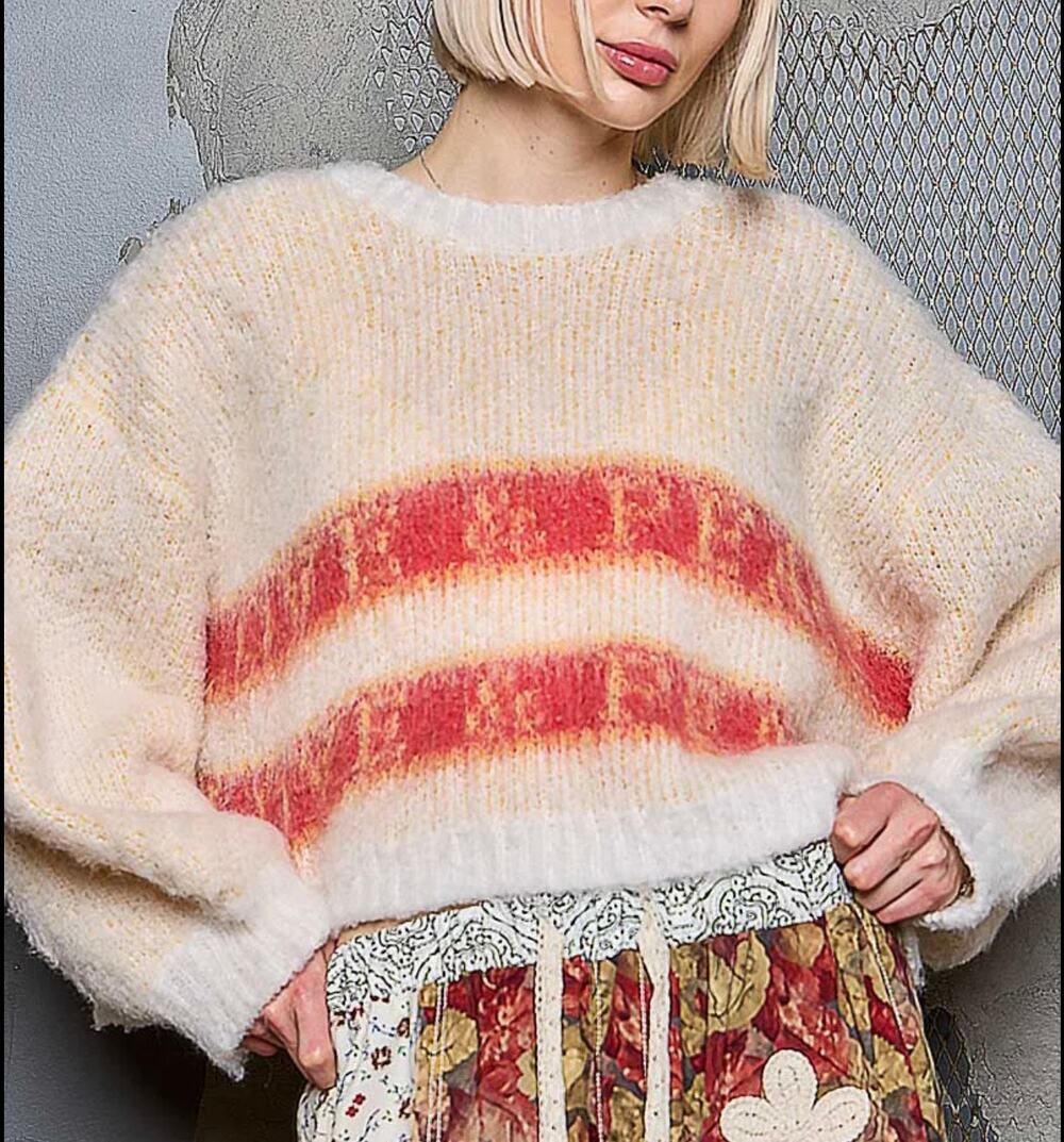 POL Fuzzy Striped Sweater Size Small Cream Red Cropped Oversized Knit Pullover